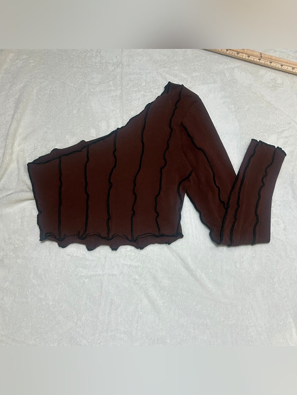 Brown One Shoulder Patchwork Lettuce Edge Long Sleeve Top Indie Sleeze Grunge M